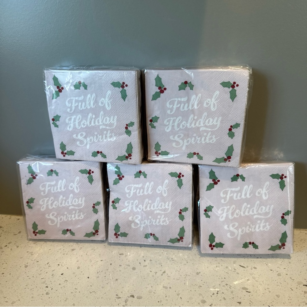 Festive Holiday Spirits Napkins - White with Green and Red Holly 5 packs of 40